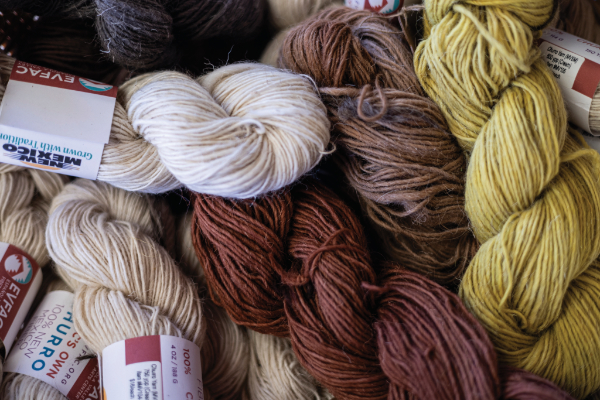 Several skeins of wool yarn in various natural colors