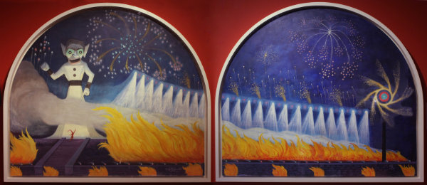 Will Shuster, Zozobra Mural, 1964. Oil on board. 74 × 188 ½ in. Collection of the New Mexico Museum of Art. Gift of Irene Arias Walker and museum purchase with major funds donated by Margot & Robert Linton and the Los Trigos Fund with additional support provided by Phyllis & Ed Gladden, J. McDonald Williams, the Santa Fe Kiwanis Club, Charles & Valerie Diker, Frank & Dolores Ortiz, Helen Shuster, James S. Ipiotis, and Ray Sandoval, 1992 (1992.66.1ab).