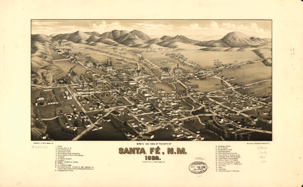 This familiar 1882 map of Santa Fe shows the unfinished territorial capitol building that would become the Tertio-Millennial Exposition hall to the left of the Plaza on Capitol Avenue (now Federal Place). Bird’s eye view of the city of Santa Fé, N.M., 1882. Courtesy Library of Congress Geography and Map Division, image no. G4324.S3A3 1882.W4.
