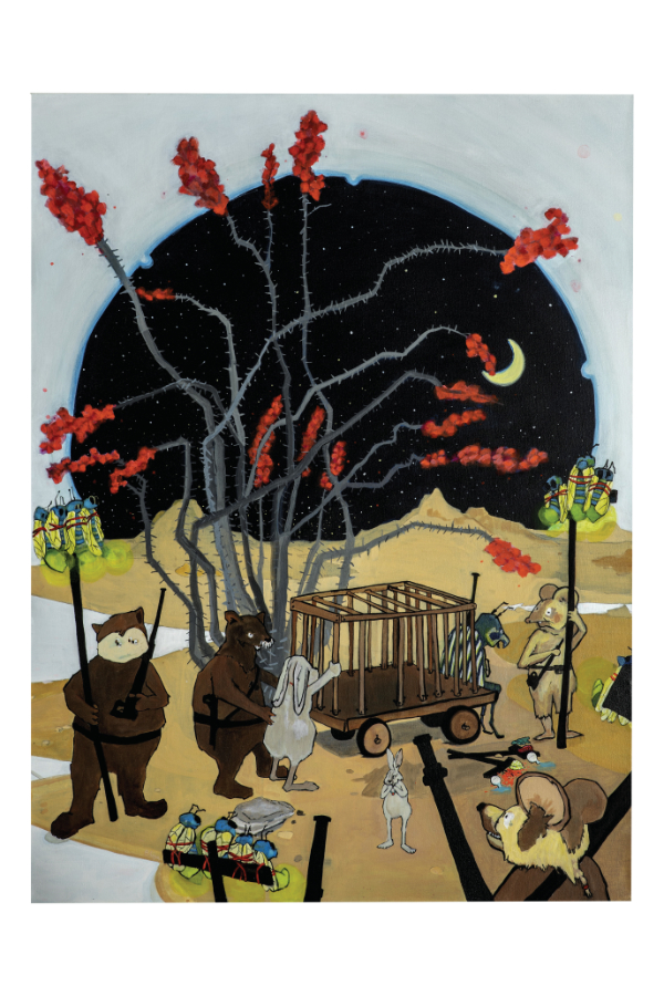 acrylic on canvas artwork depicting animals with weapons in a desert scene