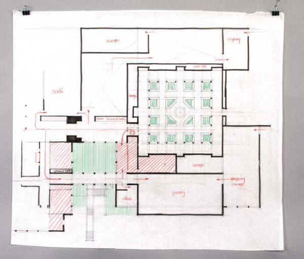 Alexander Girard, preliminary drawing of proposed addition and alterations to the Museum of International Folk Art, first floor overlay, 1974. MOIFA Facilities collection (AR.00013.2), Bartlett Library and Archives, Museum of International Folk Art.