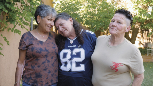 Gloria Vigil, Ro Sanchez, and Bern Adkins reminisce about high
school in Albuquerque in the 1970s. Production still from The Whistle, 2019.
Courtesy of StormMiguel Florez.