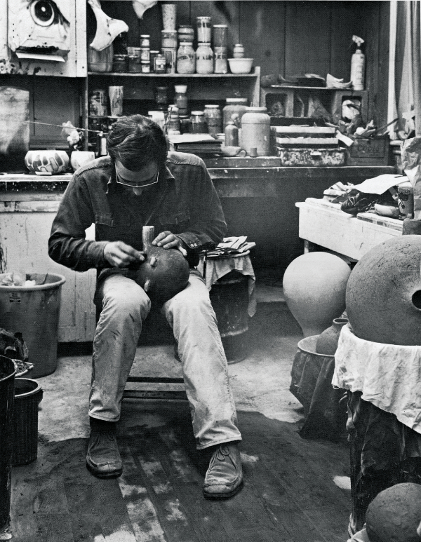 Rick Dillingham at work in his studio, n.d., Moreau Gallery, St. Mary's College exhibition announcement, New Mexico Museum of Art Archives, Rick Dillingham Collection. Photograph by Glen Short.