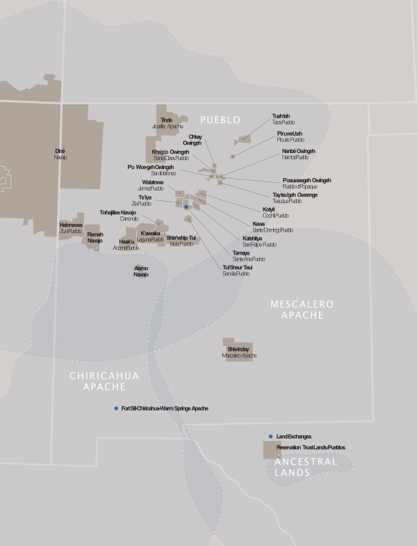 New Mexico state map labeling land exchanges, reservation trust lands / pueblos, and ancestral lands.