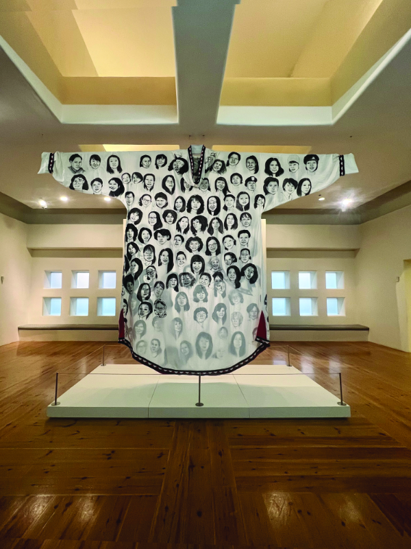 Amber Webb (Yup’ik), Memorial Qaspeq, 2018-2022.
Ink on cotton muslin. Photo by Asia Freeman. Courtesy of Bunnell Street Arts Center.