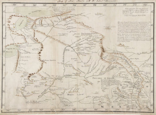 Bernardo de Miera y Pacheco, Plano geografico de los descubrimientos hechos por Dn. Bernardo de Miera y Pacheco y los RRs. Ps. Fr. Francisco Atanasio Dominguez y Fr. Silvestre Veles: S. Felipe Rt. de Chiguagua, 1778. Courtesy Yale University Library, call number WA MSS S-2856.