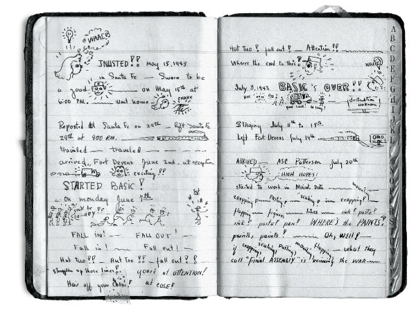 Eva Mirabal, two pages from her address book recounting her experiences including basic training at Fort Devens, Bedford, Massachusetts, June 7–July 18, 1943. Courtesy collection of Coming/Gomez.