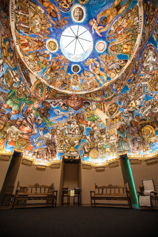 The site’s signature Torreón, whose elegant watchtower form soars skyward, features Frederico Vigil’s world-class buon fresco, <i>Mundos de Mestizaje,</i> depicting the Hispanic diaspora. Photograph courtesy the National Hispanic Cultural Center.