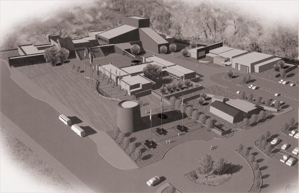 This undated design is the rendering closest to the current NHCC campus. The new Welcome Center to the north of the Torreón is missing, but the Martinez homes between the History and Literary Arts Building and the parking lot are visible. Image courtesy the National Hispanic Cultural Center.