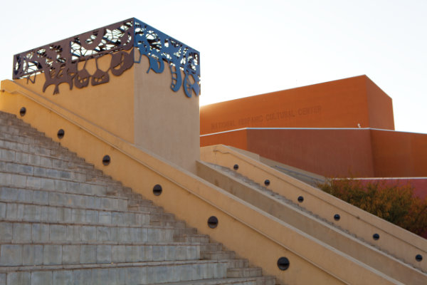 The pyramidal stairwell on the Plaza Mayor was later capped by a metal sculpture by New Mexico artist Paula Castillo. Photograph by Addison Doty.