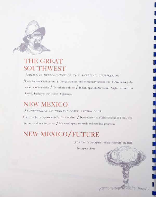 An interior page in former New Mexico governor Jack Campbell’s 1963
proposal to U.S. president Jack Kennedy outlining the reasons White Sands
Missile Range would make a good site for a spaceport. Photograph courtesy of
New Mexico Museum of Space History.