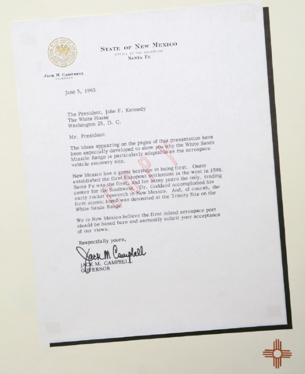 Former New Mexico governor Jack Campbell appointed the first
state science adviser, and he sent a proposal to U.S. president Jack Kennedy
proposing an inland spaceport at White Sands Missile Range in 1963. Photograph
courtesy of New Mexico Museum of Space History.