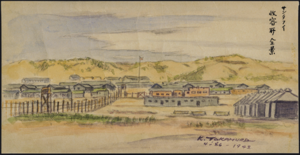 "Drawn on writing paper—with anxiety—during early days when I was not sure that drawings of any kind were permitted.” Kango Takamura, Panorama of Santa Fe Internment Center, 1942. Watercolor and ink on paper, 13 x 25 cm. UCLA Library Special Collections. Courtesy of Jaime Tanaka-Boulia.