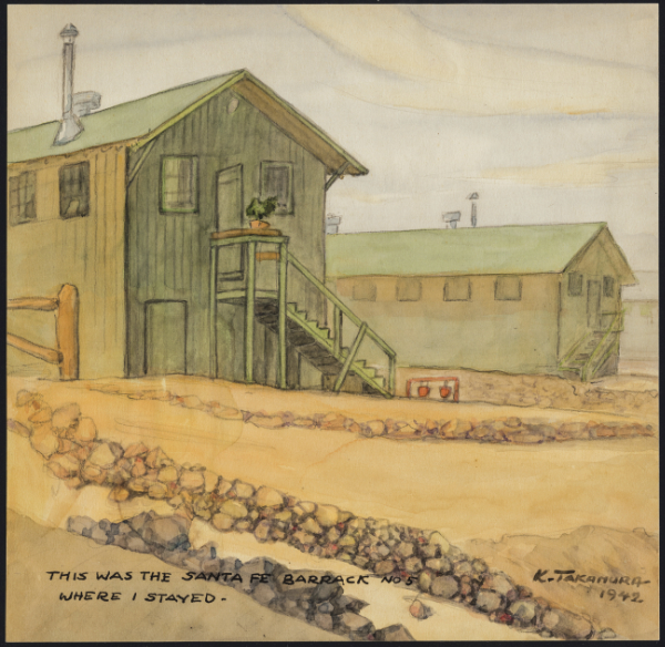 “Our guard in the watchtower became a spring baseball fan at Santa Fe.” Kango Takamura, This was the Santa Fe Barrack no. 5, 1942. Watercolor and ink on paper, 21 x 21.5 cm. UCLA Library Special Collections. Courtesy of Jaime Tanaka-Boulia.