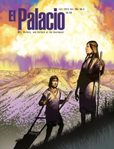 magazine cover featuring an illustration of two indigenous figures with simple tools with a vast valley in the background