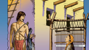 illustration of ancient times in full color - three guards on the roof, a hunter with a catch speaks with a female figure weaving at her loom