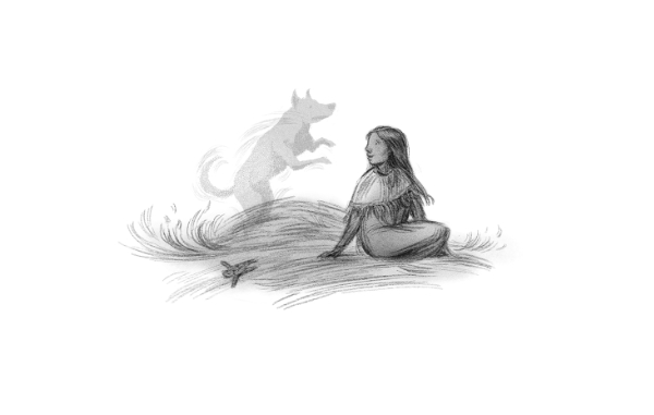 Illustration of a seated figure with a ghost like wolf to their side