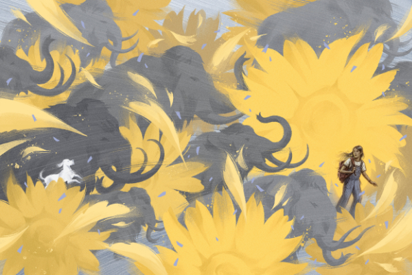 Gray and yellow illustration of a small figure within abstracted animals and flora