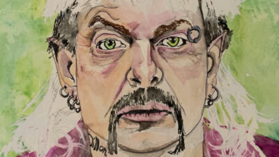 A watercolor portrait of a man with bleached mullet hair, facial piercings, tattoos, and a pink shirt against a green background. [gen-ai]