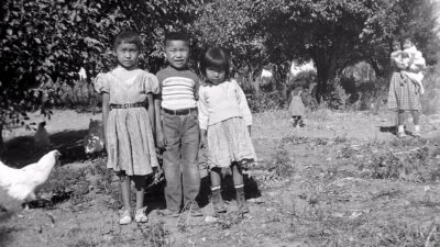 Three children stand together outdoors near chickens and trees, with other people and a baby in the background. [gen-ai]