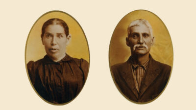Sepia-toned portraits of a woman in a dark dress and a man in a suit with a striped shirt, both facing forward, set against a plain background. [gen-ai]