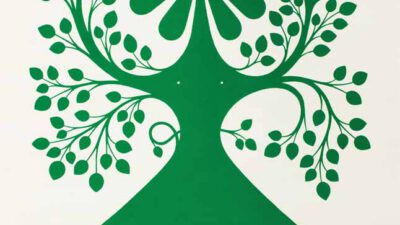 A minimalist green illustration of a girl with a flower-shaped head, leafy branches for arms, and a bird perched on one branch, set against a plain background. [gen-ai]