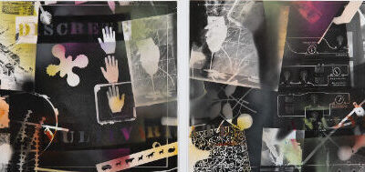 Thomas J. Barrow, Discrete Multivariate Analysis, 1981. Gelatin silver print photograms with automotive lacquers and epoxy enamel. 16 × 19 ¾ in. Collection of the New Mexico Museum of Art. Gift of Frank and Patti Kolodny, 1990 (1990.1.1ab). © Thomas Barrow. Photograph by Cameron Gay.