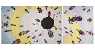 mixed-media triptuch of abstracted animals from above