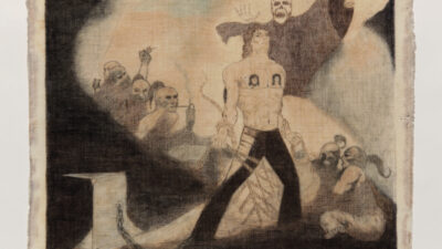 Unidentified Artist, Locuda (date unknown), ink on handkerchief, 12 ¼ × 12 ¾ in. National Hispanic Cultural Center Art Museum Permanent Collection, 2019.30.42. Photo by Addison Doty.