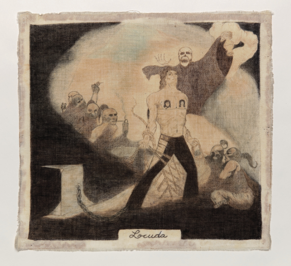 Unidentified Artist, Locuda (date unknown), ink on handkerchief, 12 ¼ × 12 ¾ in. National Hispanic Cultural Center Art Museum Permanent Collection, 2019.30.42. Photo by Addison Doty.
