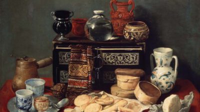 A still life painting of assorted pottery, cups, a metal pot, a jar of water, food items, and containers arranged on a red-draped table. [gen-ai]