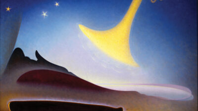 Surreal landscape with a dark reclining figure, a floating yellow shape with spiral ends, and a cluster of white stars against a blue and purple sky. [gen-ai]