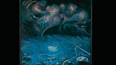 oil on canvas painting view of village at night from above with celestial abstractions in the sky