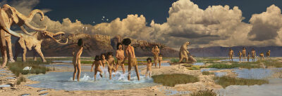 Artist’s conceptualization of life at Lake Otero. Missing from the image are trees. Researchers believe that the area was forested with pine, spruce and cottonwood, among other species. Research on pollens from the footprint layers is ongoing, with results expected next year. Image by Karen Carr; courtesy of the National Park Service.