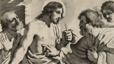 Etching of four men; one with a halo guides anothers hand toward a wound on his torso while two others observe, all with expressive gestures and intense expressions. [gen-ai]