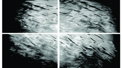 A black and white image divided into four panels, each showing a distorted, rippling surface resembling water or glass. [gen-ai]