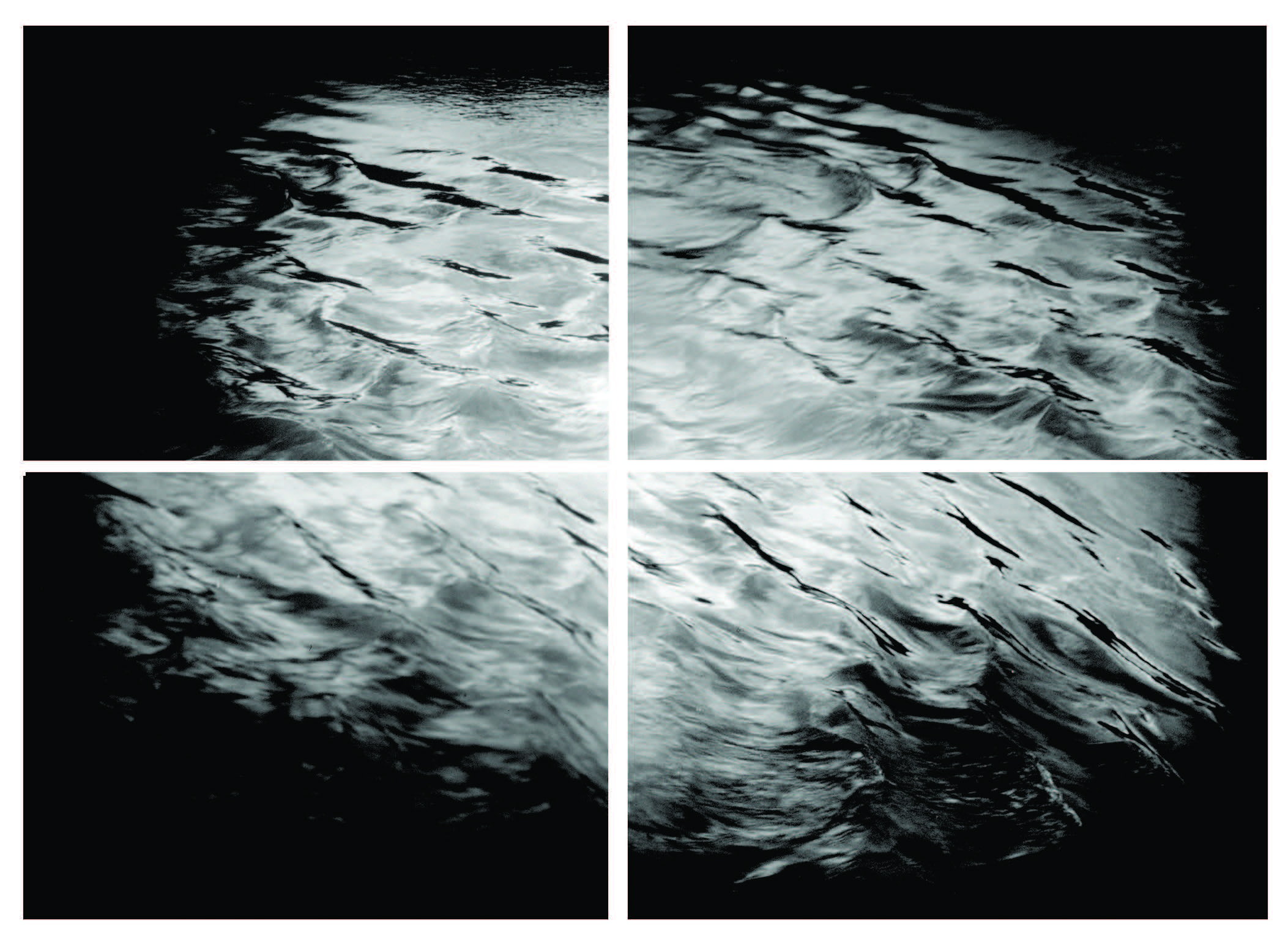 A black and white image divided into four panels, each showing a distorted, rippling surface resembling water or glass. [gen-ai]