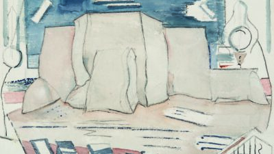 Abstract painting with geometric shapes in pale colors, blue and pink hues, angular lines, and minimal detailing, resembling a landscape or architectural forms. [gen-ai]
