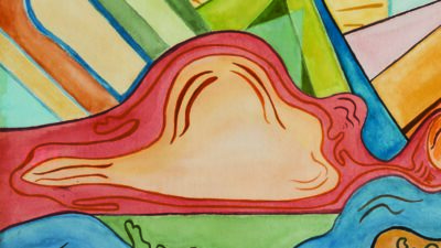 Abstract watercolor painting featuring bold, flowing shapes in green, blue, pink, and yellow, evoking a landscape with a sun, river, and hills. Signed Dorothy Morang 1976. [gen-ai]