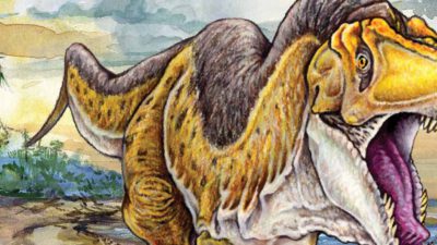 Illustration of a large, yellow and brown Tyrannosaurus rex with its mouth open, standing on a prehistoric landscape with trees and a cloudy sky in the background. [gen-ai]