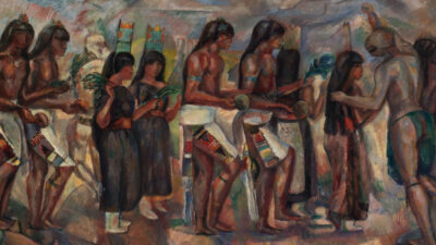 A group of Indigenous people in traditional attire participate in a ceremonial procession, holding plants and objects, painted in an earthy, expressive style. [gen-ai]