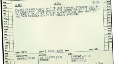 Wartime military communication dated August 9, 1945, detailing aircraft plans and activities around Formosa and Singapore, marked SECRET and sent from CINCPAC PEARL. [gen-ai]