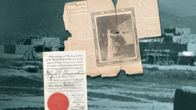 A background of an old photo of a pueblo with mountains, overlaid with a torn newspaper clipping showing a woman, and an official document with a red seal. [gen-ai]