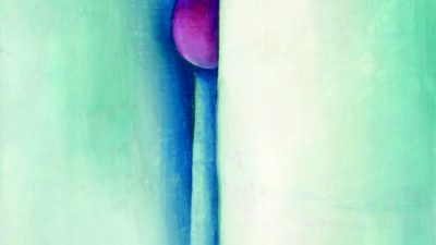 Two purple ovals partially obscured by a vertical blue-green fold on a soft, pale background. [gen-ai]
