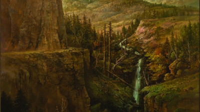 A waterfall cascades down rocky cliffs surrounded by trees, with mountains and a partly cloudy sky in the background. [gen-ai]