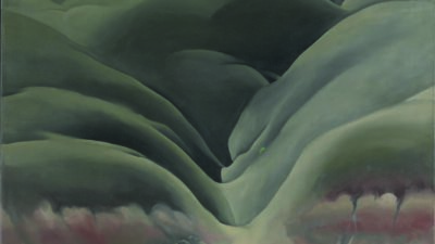 A painting of rolling green hills with deep valleys and some exposed reddish earth at the bottom foreground. [gen-ai]