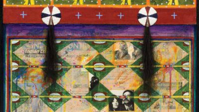 A mixed media artwork featuring repeated images of a woman in traditional dress, geometric patterns, text, beads, and two circular elements with hanging black strands. [gen-ai]
