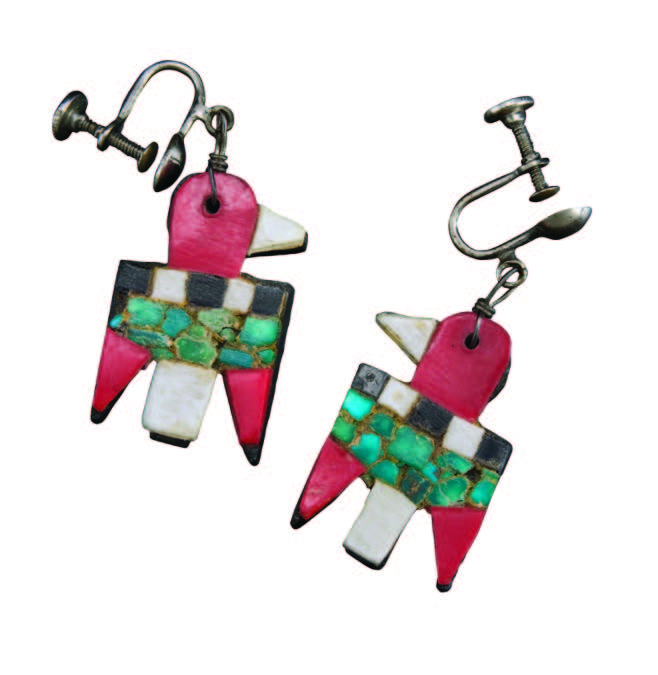 A pair of clip-on earrings shaped like birds, featuring red, white, black, and green inlaid stones arranged in a mosaic pattern. [gen-ai]