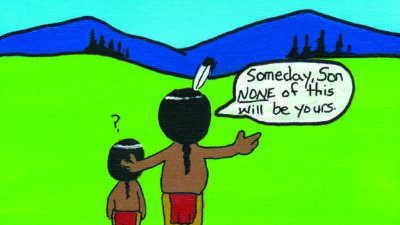 An adult and child in traditional clothing stand in a grassy field with mountains, as the adult says, Someday, son, none of this will be yours. [gen-ai]