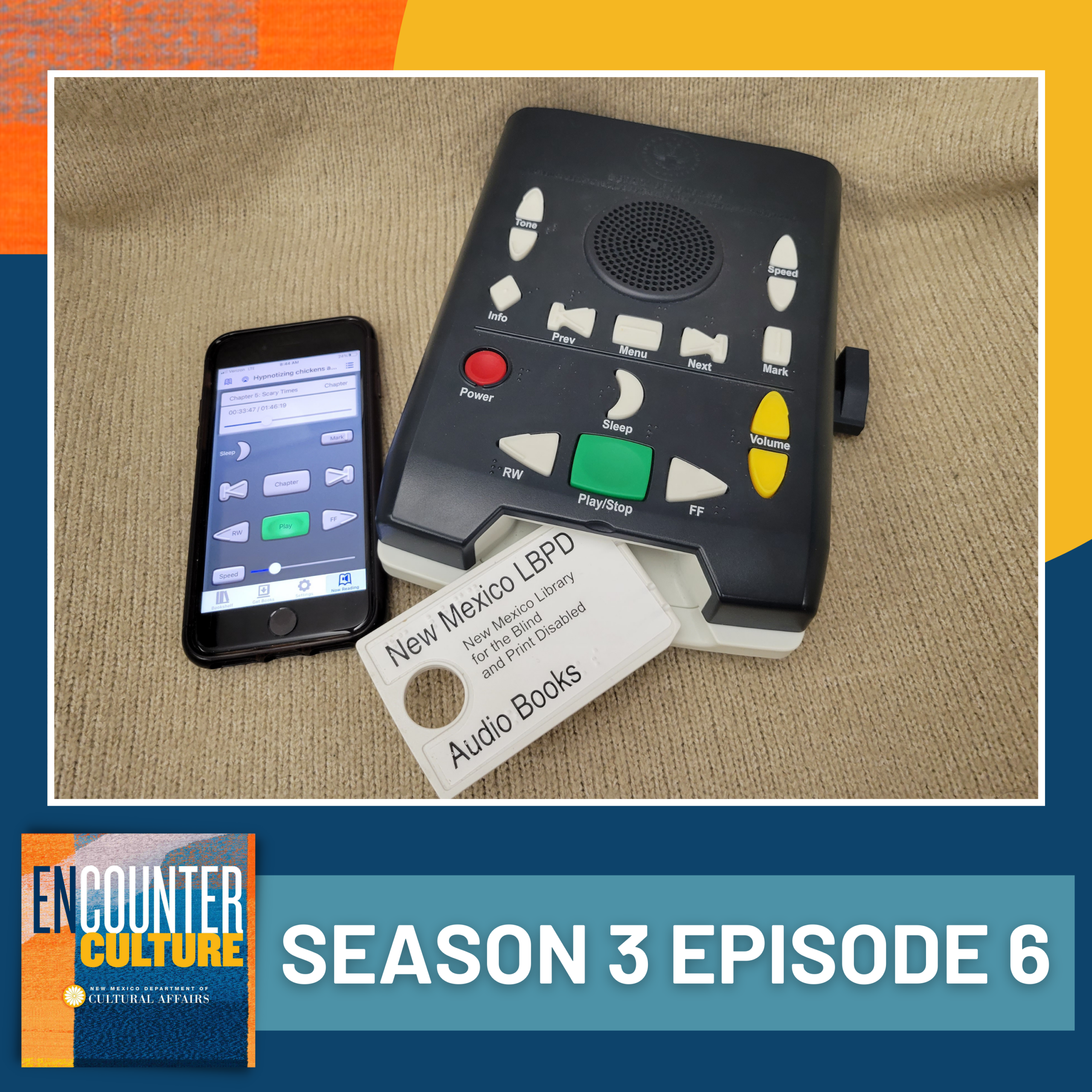 A digital audio player, a smartphone displaying playback controls, and a New Mexico Library for the Blind and Print Disabled audio book cartridge are arranged on a beige surface. [gen-ai]